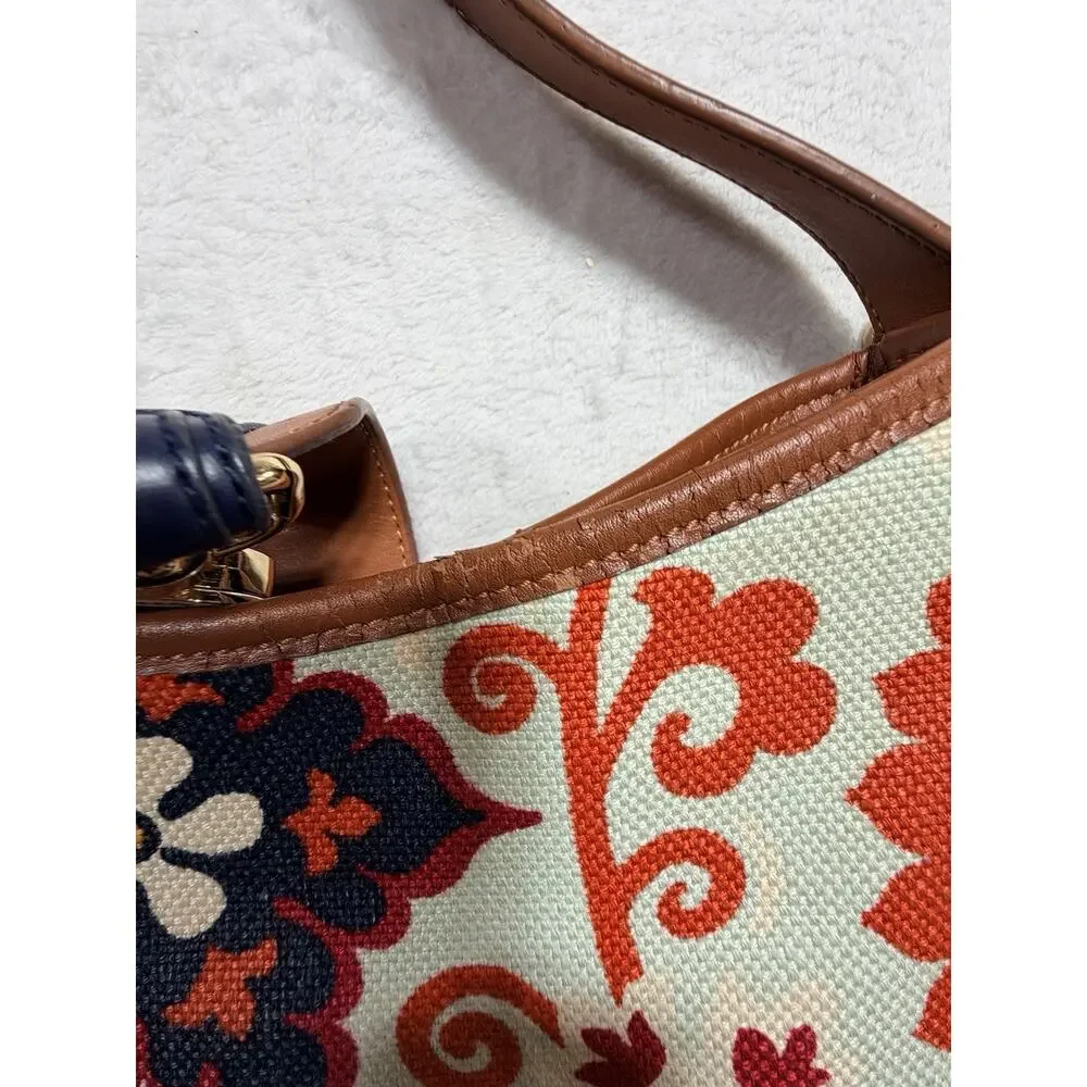 Spartina 449 Waving Mermaid Flower Pattern Leather Linen Tote Purse Shoulder Bag